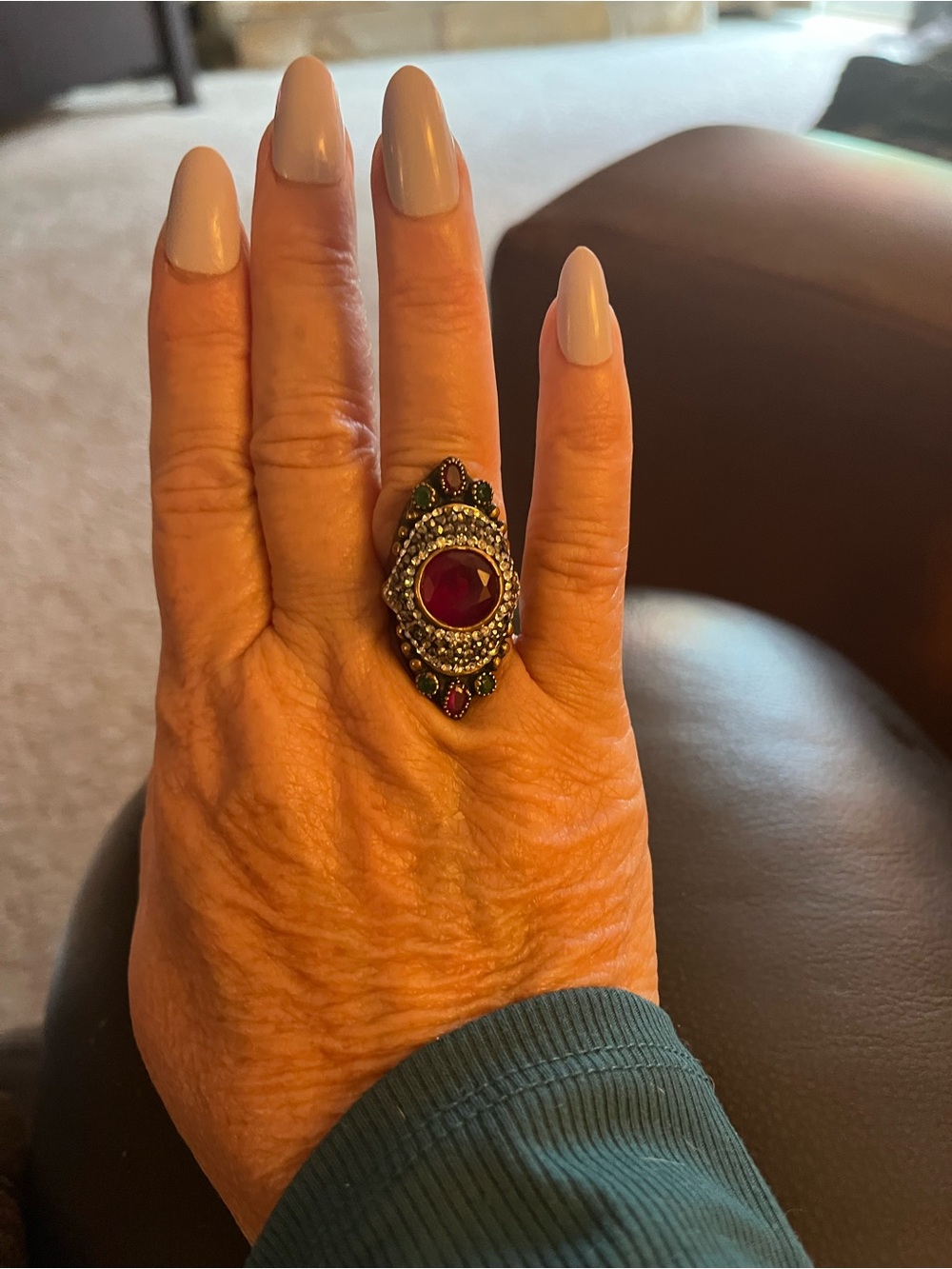 Handmade Turkish Ring with Ruby-Red Center and Emerald Accents